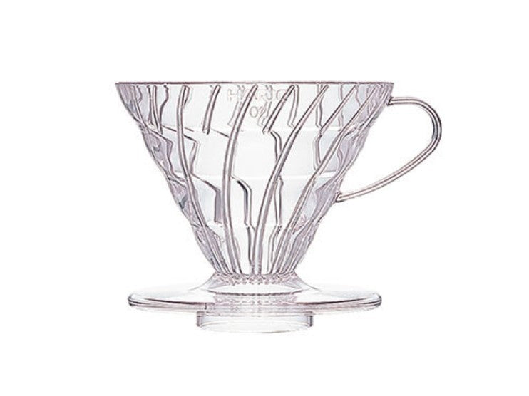 Hario V60 Dripper 02, transparent plastic, front view – Coffee Coaching Club 2