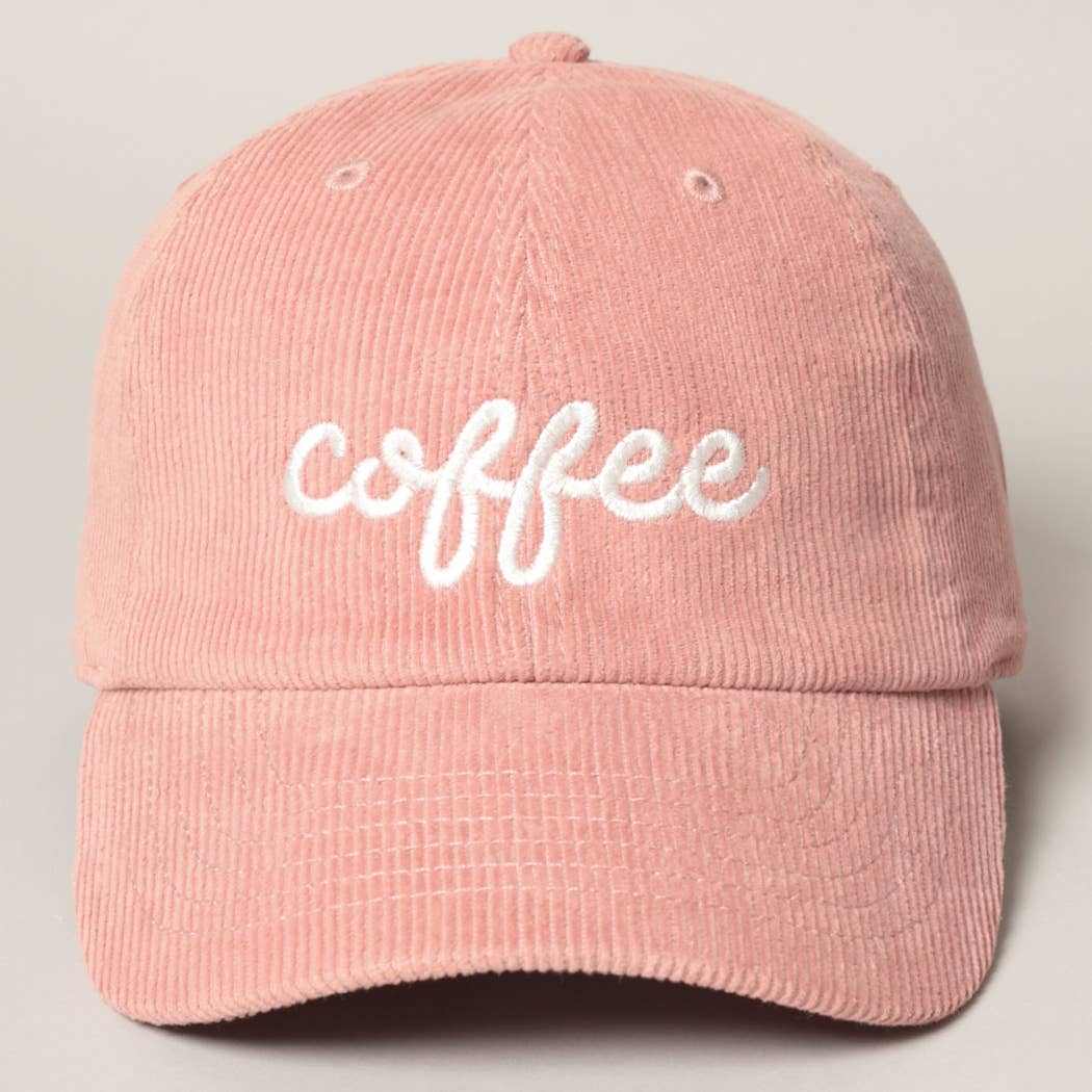 Gorra de pana rosa con bordado blanco «coffee», vista frontal