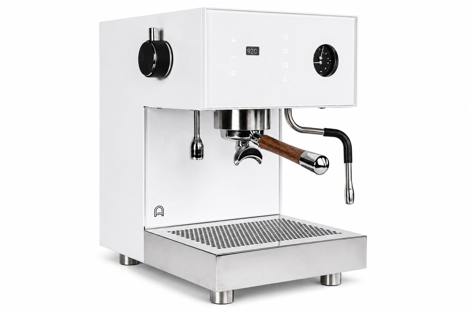Arkel Tide Espressomaschine in Weiß – 3/4-Ansicht mit Touchscreen 92°C, Manometer und Edelstahl-Tropfschale