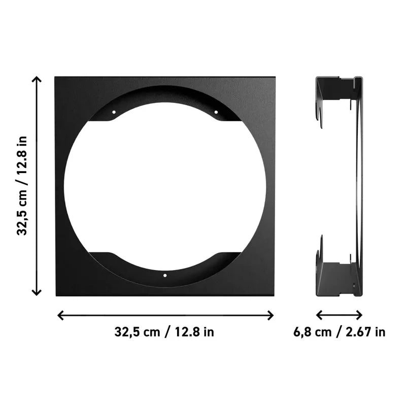FLATE Schallplatten Wandhalterung Round für 12 Zoll Vinyl Records – Masszeichnung mit Aussenmassen 32,5 x 32,5 x 6,8 cm – Coffee Coaching Club