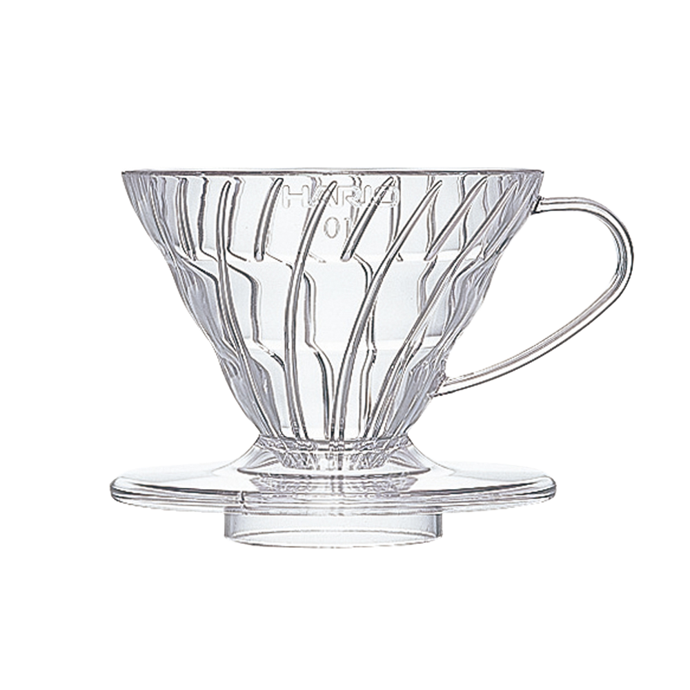 Hario V60 Dripper 01, transparent plastic, front view – Coffee Coaching Club 1