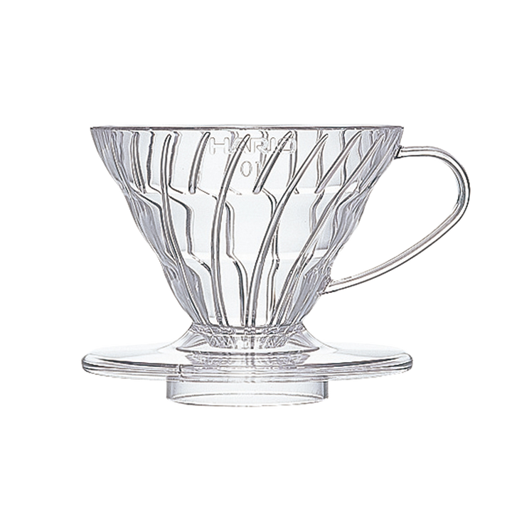 Hario V60 Dripper 01, transparent plastic, front view – Coffee Coaching Club 1