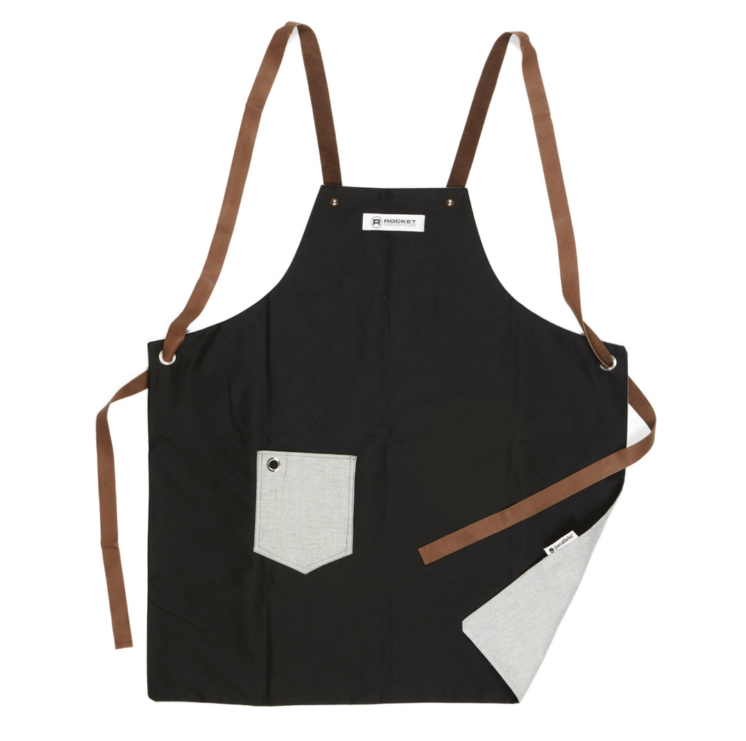 Rocket barista apron, brown straps, second side – Coffee Coaching Club 2